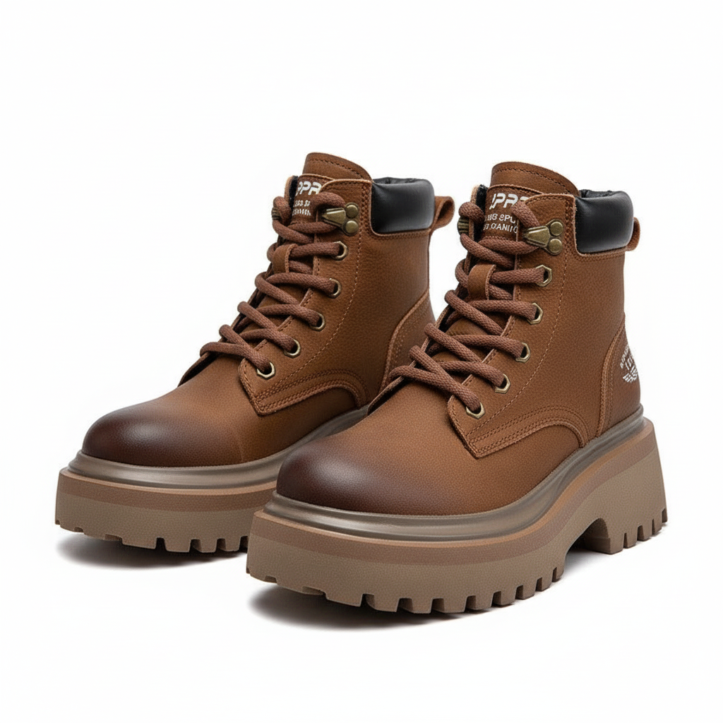 Women's Brown Leather Chunky Platform Ankle Boots