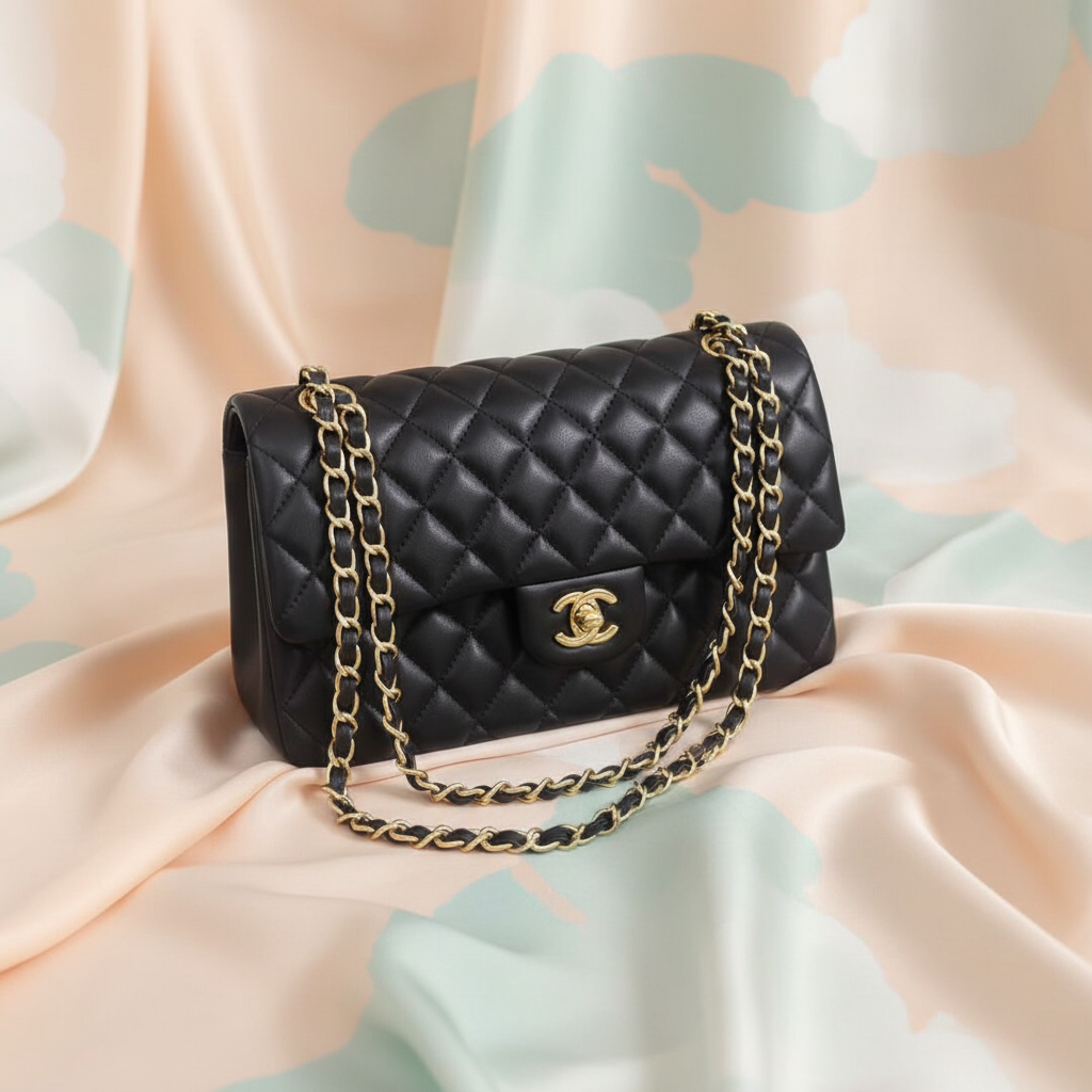 Classic Quilted Black Leather Handbag with Gold Chain