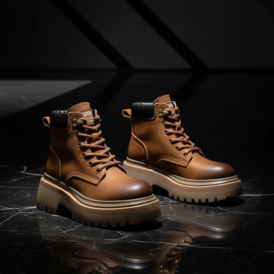 Women's Brown Leather Chunky Platform Ankle Boots