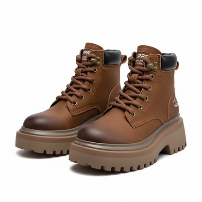 Women's Brown Leather Chunky Platform Ankle Boots