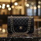 Classic Quilted Black Leather Handbag with Gold Chain