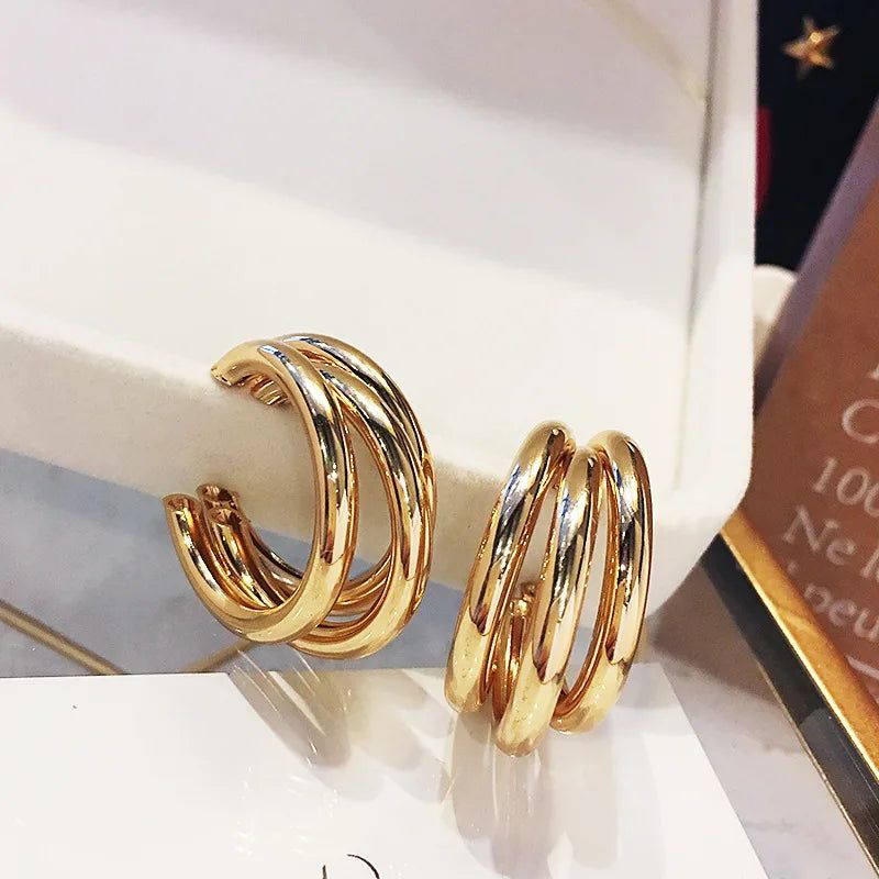Triple Layer Gold Hoop Earrings - Chunky Stacked Hoops