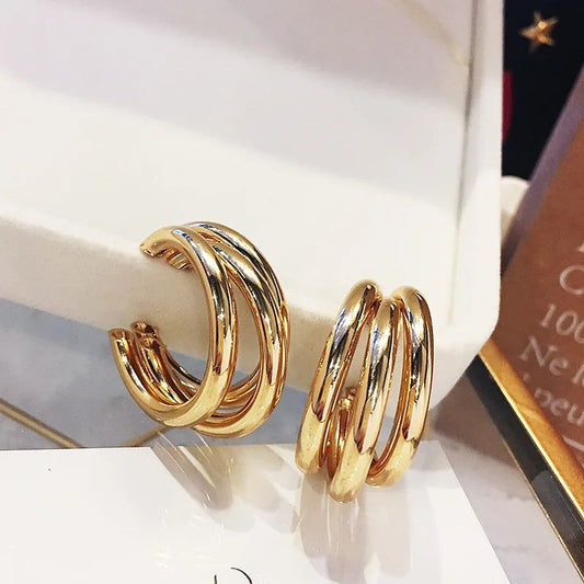 Triple Layer Gold Hoop Earrings - Chunky Stacked Hoops